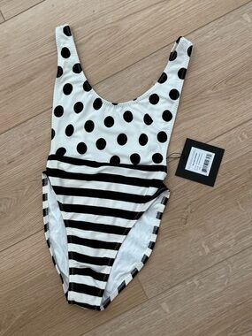 NWT Norma Kamali Spliced Marissa Black/White Polka Dot/Stripe One-Piece Swimsuit